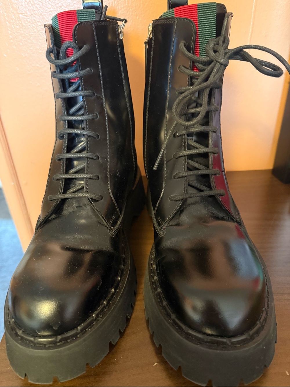 Gucci Black Leather Lace-Up Boots-Red & Green Web Panel new w/o tags-worn once!